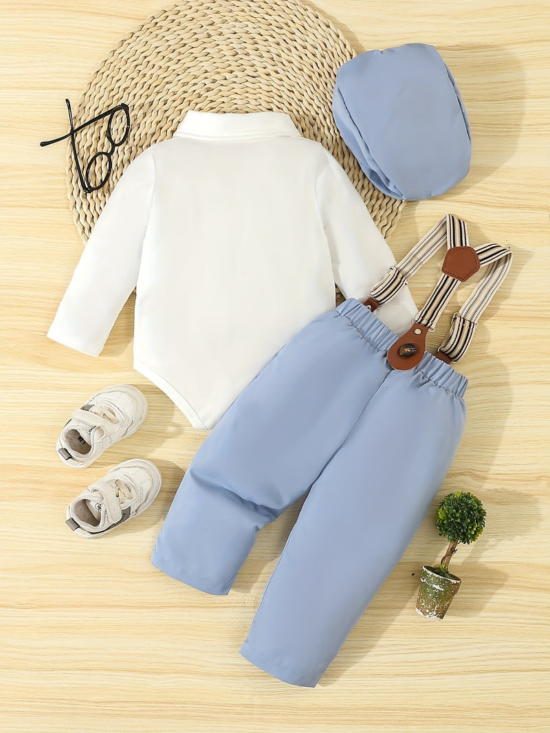 Conjunto de caballero para bebé primavera/otoño: mono con pajarita, pantalón con tirantes y gorro. Traje para bebé y niño pequeño para ocasiones formales al aire libre, fotografía, cumpleaños y bodas. Ropa de exterior.