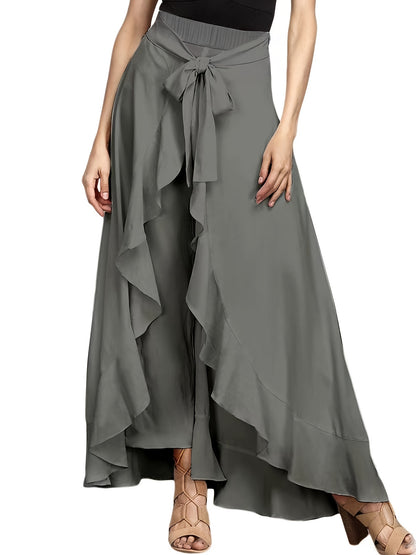 Plus Size Bow Tie Front Pants, Elegant Solid Asymmetrical Wide Leg Skirted Pants, Women's Plus Size Clothing