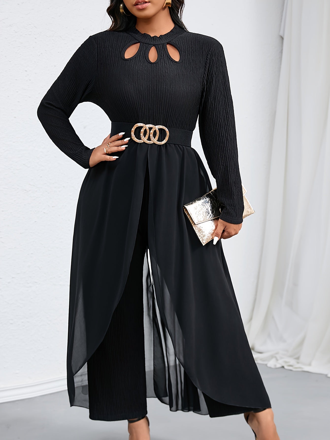 Elegant Women's Plus-Size T-Shirt Jumpsuit with Hollow-Out Detail, Polyester Knit Fabric, Small Stand Collar, Solid Color, Mid-Stretch, for Autumn/Winter