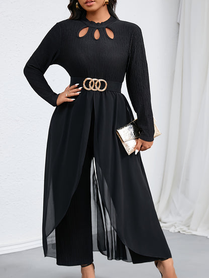 Elegant Women's Plus-Size T-Shirt Jumpsuit with Hollow-Out Detail, Polyester Knit Fabric, Small Stand Collar, Solid Color, Mid-Stretch, for Autumn/Winter