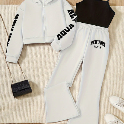 3-Piece Outdoor Sporty Girl's Long Sleeve Zip-up Hoodie + Flared Trousers With Camisole Set - Versatile Comfy For Spring/ Fall Casual Wear, Gift Idea