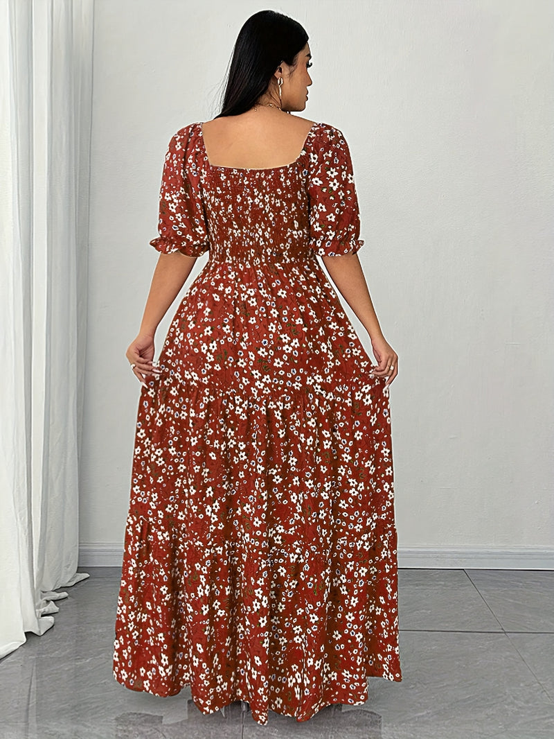 Women's Summer Square Neck Elastic Waist Floral Print Puff Sleeve A-Line Maxi Dress - Lightweight Breathable Machine Washable Plus Size Flowy Long Dress for Beach Vacation & Casual Outings, Beach Dresses