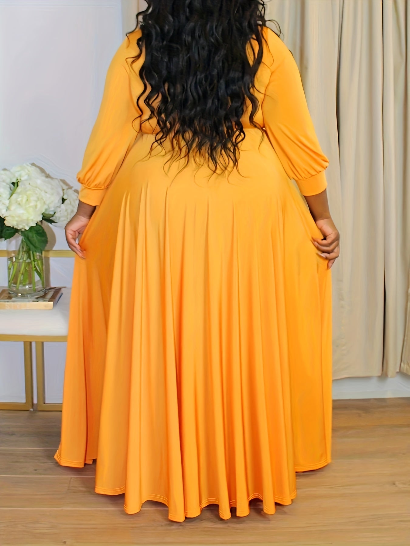 Plus Size Solid Color Tie Waist Dress, Elegant Long Sleeve Surplice Neck Maxi Dress For Spring & Fall, Women's Plus Size Clothing