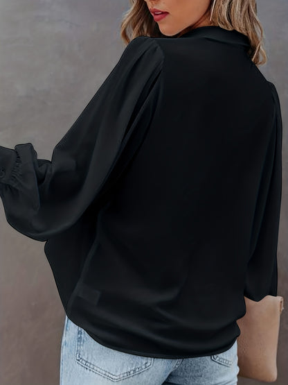 Blusa básica de talla grande para mujer, con botones, mangas farol, cuello vuelto, ligeramente elástica