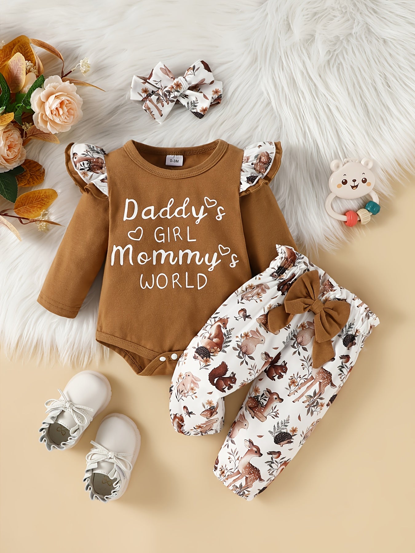 Adorable 3pcs Outfit For Baby Girls - Romper, Ruffle Sleeve Bodysuit, Cartoon Print Pants &amp; Headband Set!