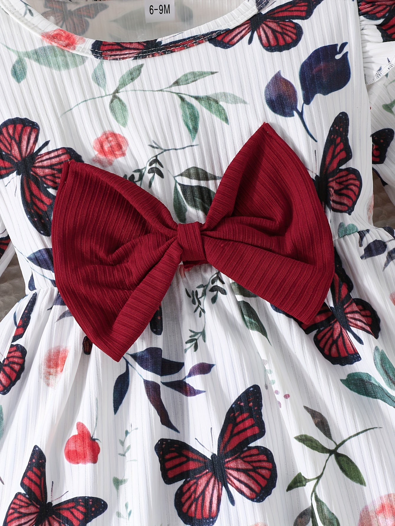 Conjunto de dos piezas para niñas pequeñas, sencillo y bonito, nuevo, de primavera y otoño, con estampado de mariposas rosas, mangas pequeñas con vuelo, vestido de cuello redondo, vestido de color liso con ranuras, conjunto combinado