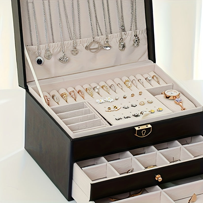 Elegant 3-Layer Lockable Jewelry Box - Space-Saving Dresser Organizer for Earrings &amp; Accessories, Perfect Gift for Women