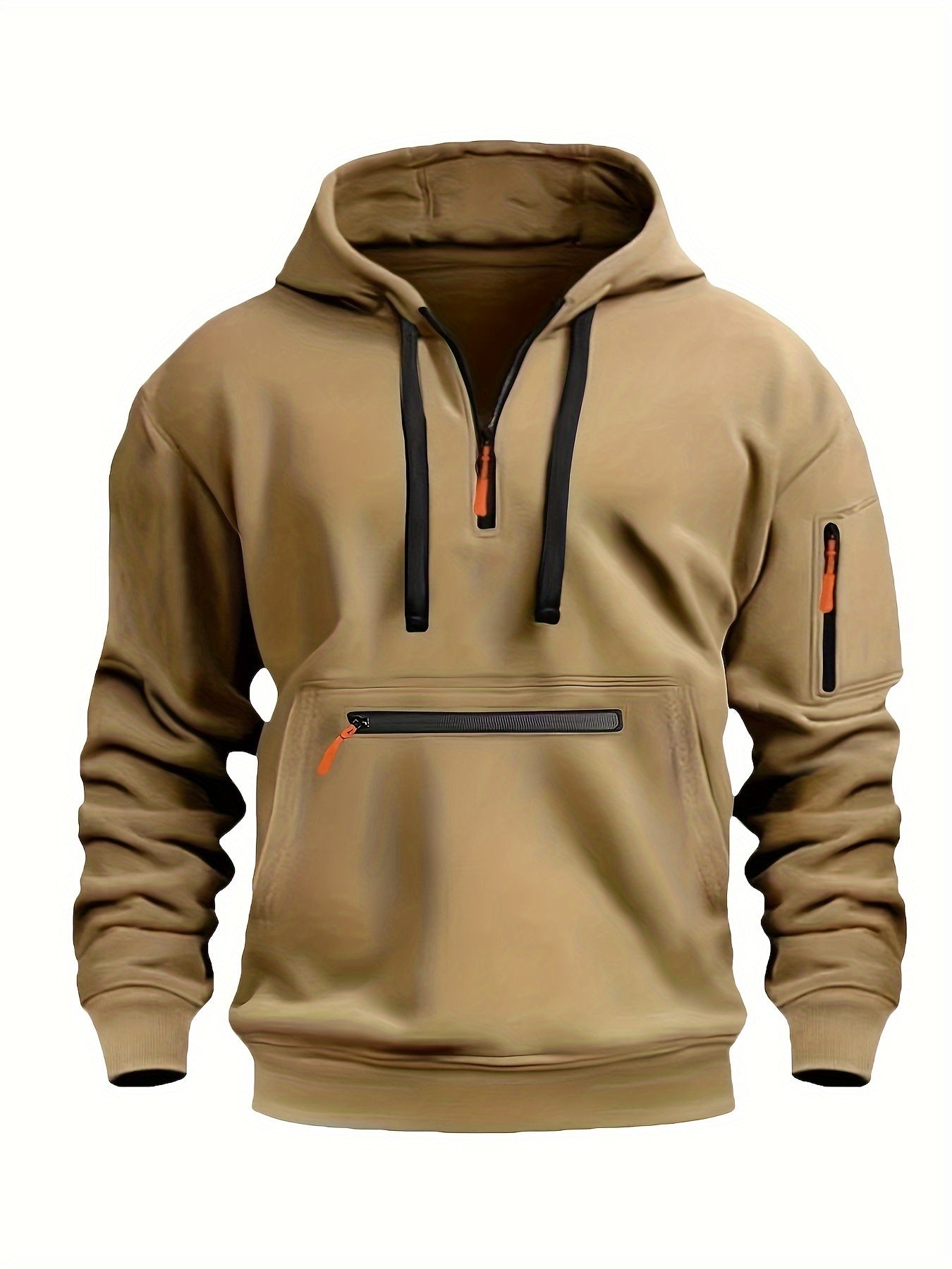 Solid Hooded Half Zip Long Sleeve Sweatshirt With Zippered Pocket For Men, Casual Hoodie For Winter And Fall