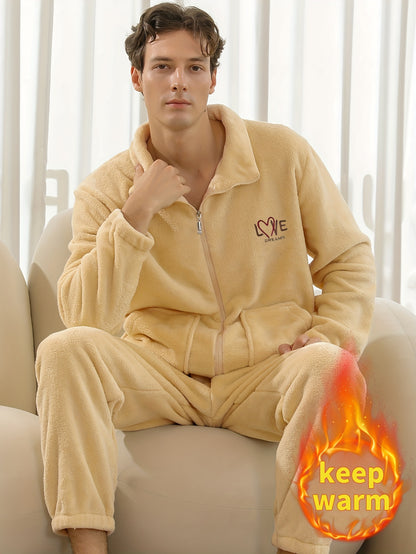 Conjunto de pijama de hombre con camiseta y pantalón de franela con bordado de letras, cuello alto, cremallera y manga larga para otoño e invierno.