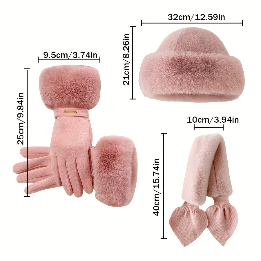 Winter Warmth Set for Women - 3pcs Fashionable Gloves, Scarf, and Hat Combo, Thick Fleece Lining, Perfect for Cold Weather & Outdoor Activities, Ideal Christmas or Valentine's Gift