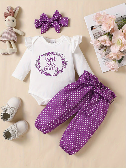 2pcs Baby Girl's Stylish Set, "Isn't She Lovely" Print Long Sleeve Onesie + Polka Dot Pants, Comfy Trendy Outfit