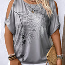Women's Plus Size Print Off-Shoulder T-Shirt - Casual Short Sleeve Round Neck Top, Machine Washable Spring Summer Fashion Tee, Ladies T Shirts, Relaxed Fit Tee, Oneshoulder Style, Flowy Fabric