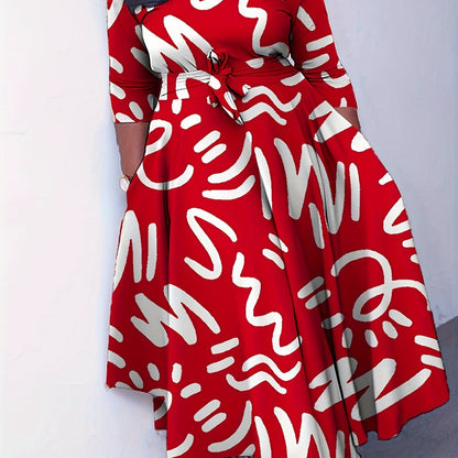 Elegant Women's Plus-Size Dress with Tie Waist, Casual Fashionable Long Sleeve Camouflage Print Knit Fabric with Pocket, X-Shape Fit, Round Neck, Straight Hem, No Bra Pad - Spring/Summer/Autumn