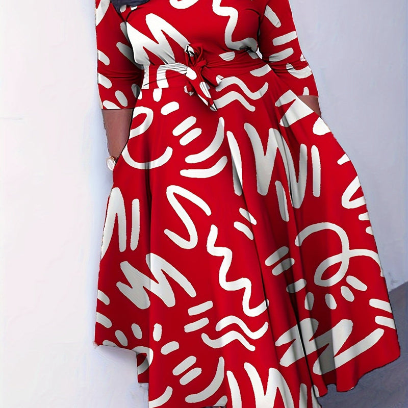 Elegant Women's Plus-Size Dress with Tie Waist, Casual Fashionable Long Sleeve Camouflage Print Knit Fabric with Pocket, X-Shape Fit, Round Neck, Straight Hem, No Bra Pad - Spring/Summer/Autumn