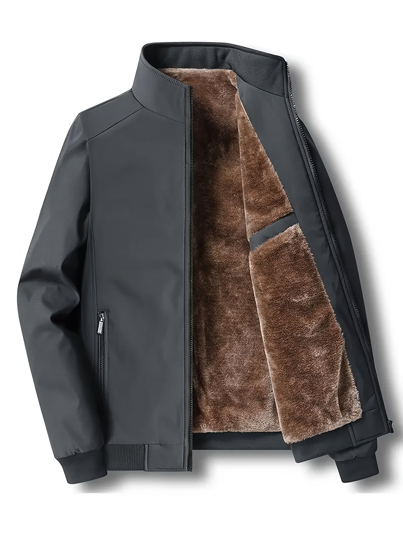 Chaqueta de color liso con cuello alto y forro polar para hombre, abrigo cálido de manga larga con cremallera, cárdigan cómodo y moderno a prueba de frío para otoño e invierno, ideal como regalo.
