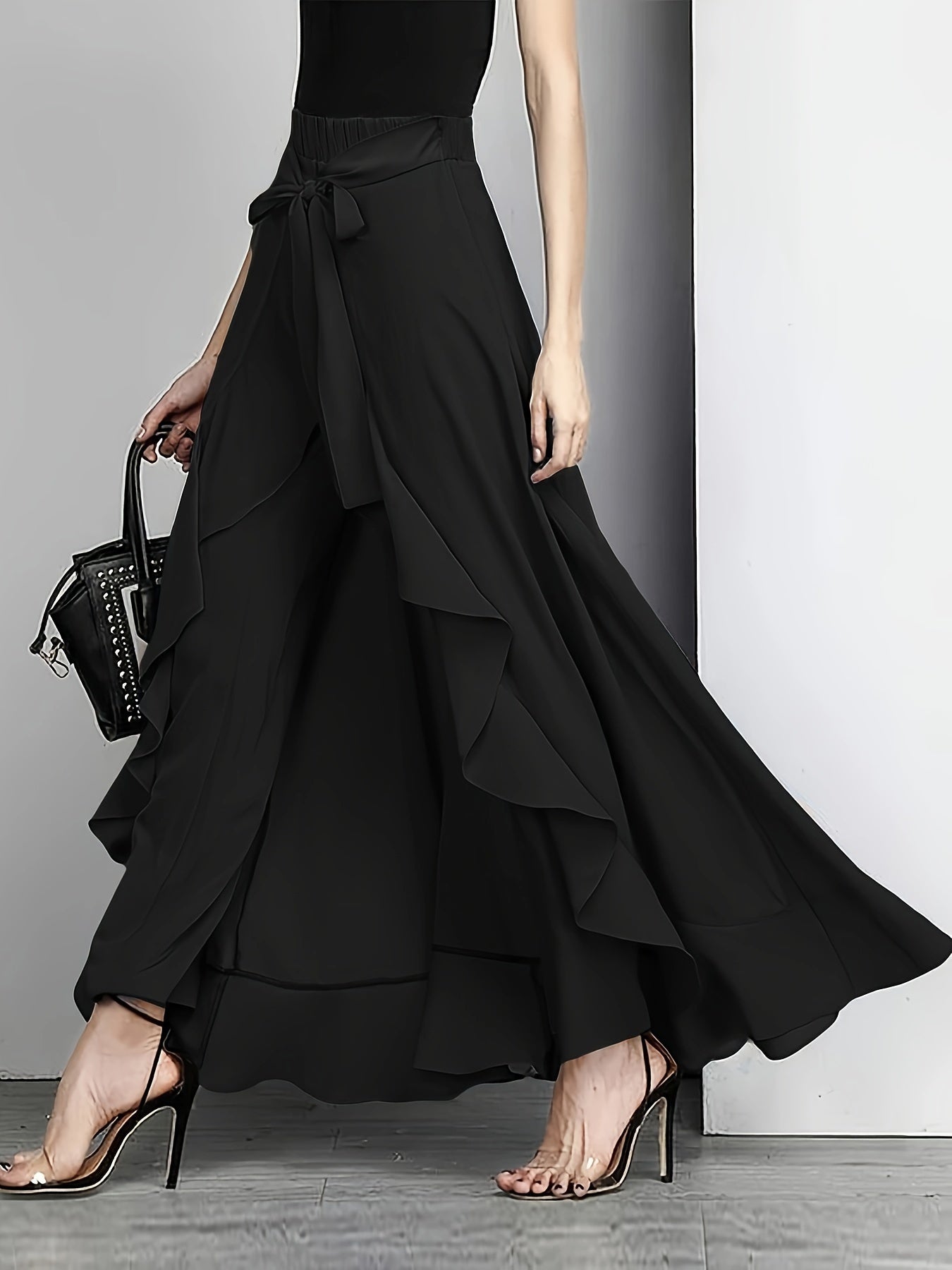 Plus Size Bow Tie Front Pants, Elegant Solid Asymmetrical Wide Leg Skirted Pants, Women's Plus Size Clothing