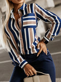 Plus Size Striped Button Up Shirt, Casual Long Sleeve Patched Pocket Shirt For Spring & Fall, Women's Plus Size Clothing