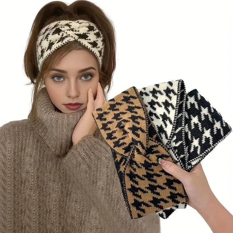 3 diademas anchas de punto con diseño de pata de gallo para otoño/invierno - Accesorios para el cabello de hilo acogedor