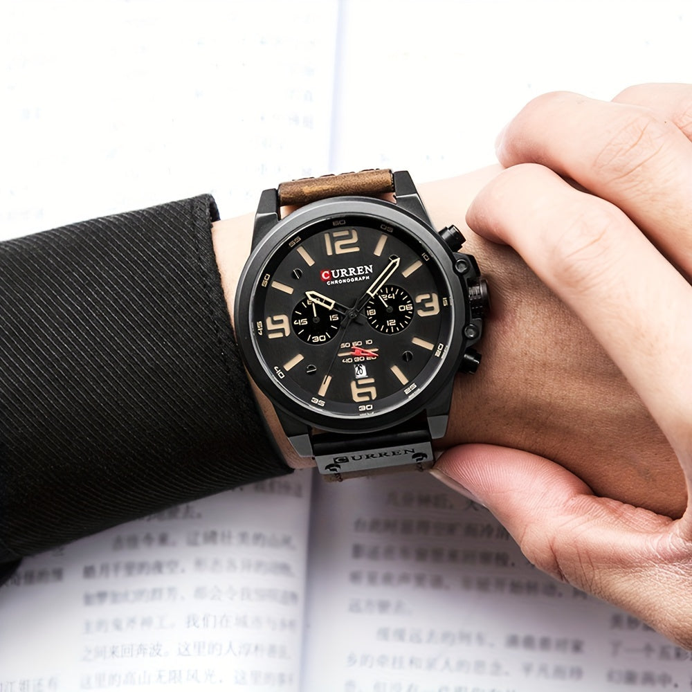 Reloj CURREN Cronógrafo para hombre, reloj de cuarzo clásico retro, reloj analógico con calendario, reloj de pulsera de cuero sintético con fecha.