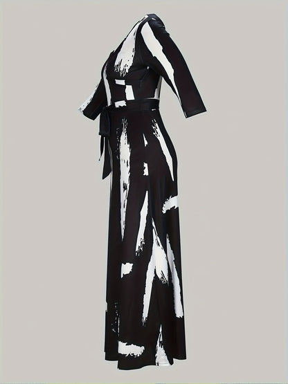 Vestido largo con estampado de pinceles, talla grande, elegante vestido con cuello en V para primavera, ropa de talla grande para mujer.