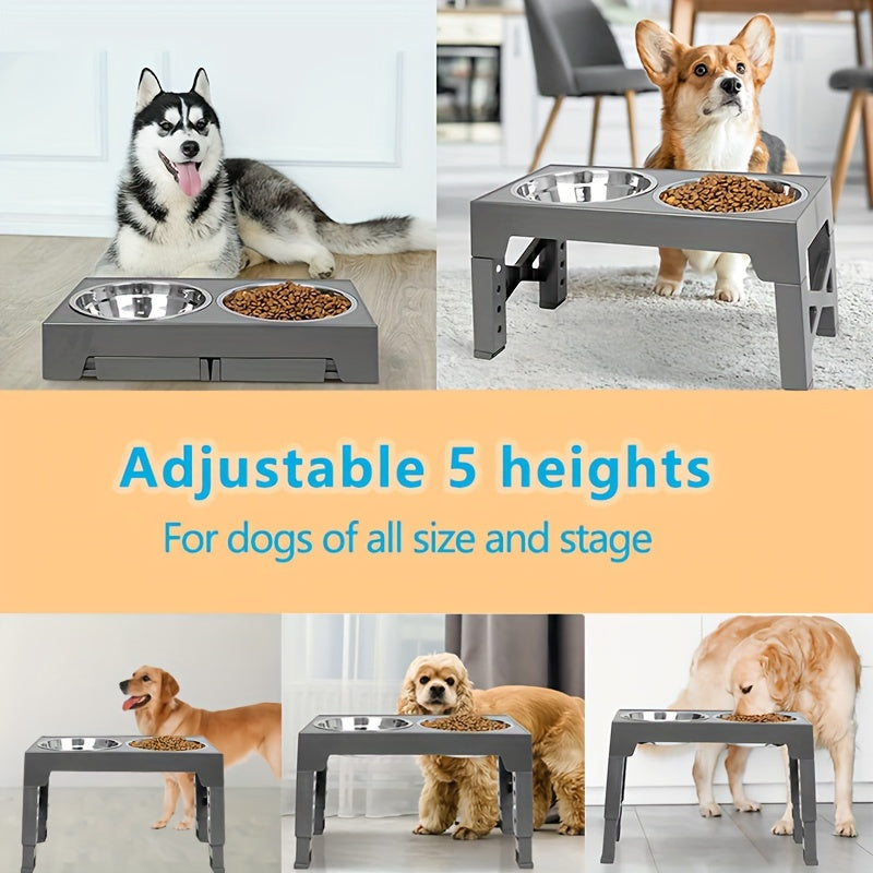 Comederos elevados ajustables para perros pequeños, medianos y grandes. Incluye dos comederos de acero inoxidable para comida y agua. Favorecen una mejor digestión y una mejor postura.