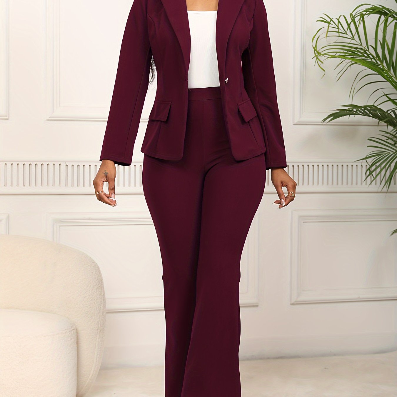 Elegant &amp; Chic Women's Work Suit Set - Long Sleeve Blazer with Faux Pockets &amp; Straight-Leg Pants, Stretchy Polyester Blend, Machine Washable