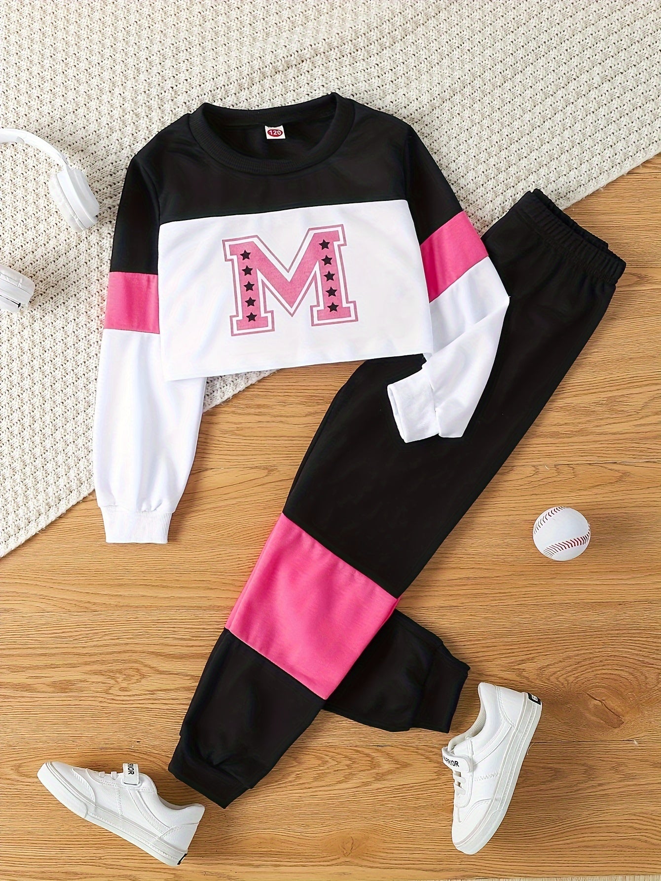 Youngsters's Spring and Autumn Style Letter Print Round Neck Short Long Sleeve Top and Color-Matching Spliced Long Pants Casual Two-Piece Set, Perfect for Outdoor