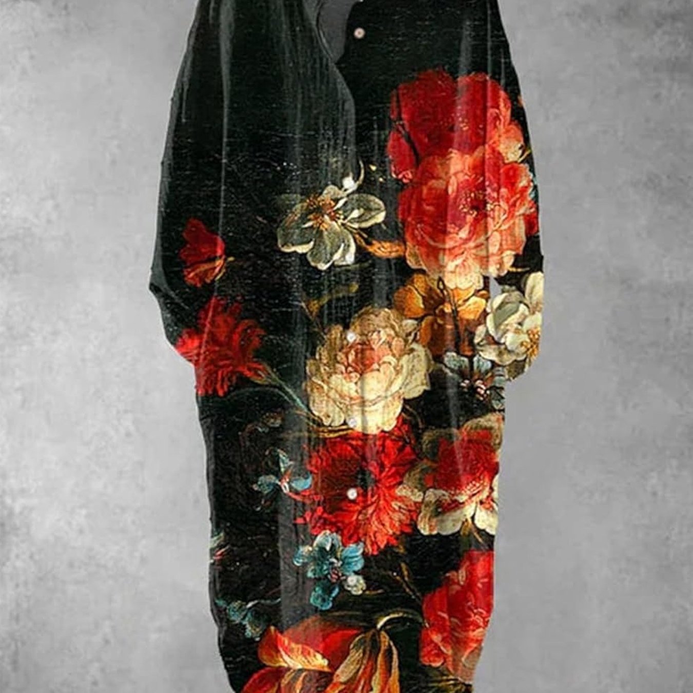 Plus Size - Elegant Floral Print Maxi Dress with Long Sleeves - Blue & White Floral Design, Button-Up Front, Casual Style for Women, All-Season Wear, Casual Summer Dress | Floral Print Dress | Nonstretch Fabric