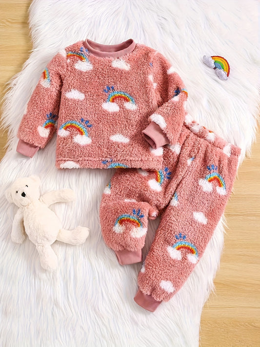 Baby Girls' Fashion Autumn Winter Thick Flannel Suit, Comfy & Cute Top + Pants 2pcs Children's Warm New Two-piece Clothing