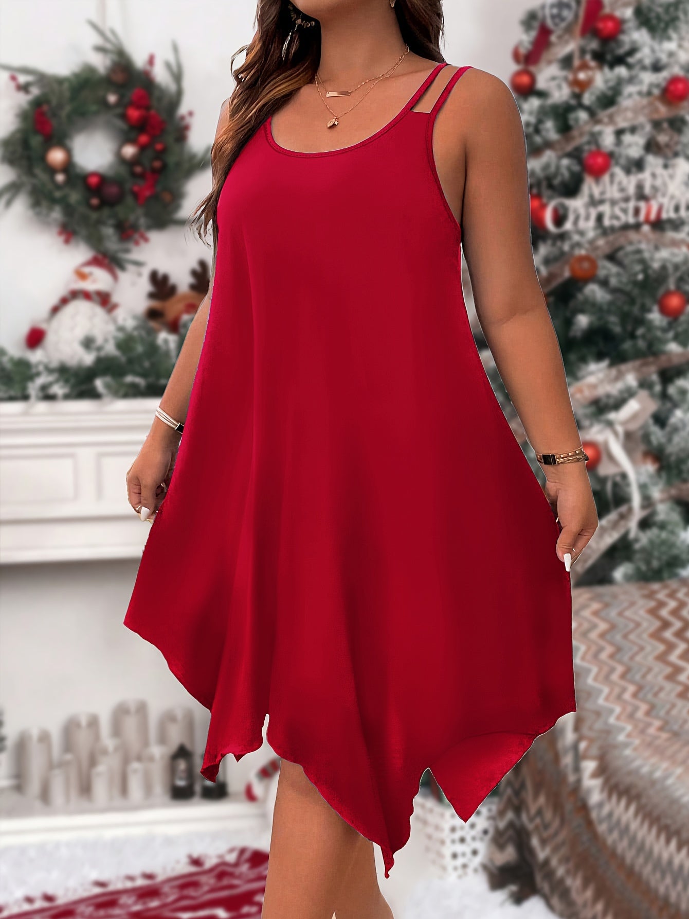 Plus Size Solid Irregular Hem Cami Dress, Casual Sleeveless Dress For Spring & Summer, Women's Plus Size Clothing