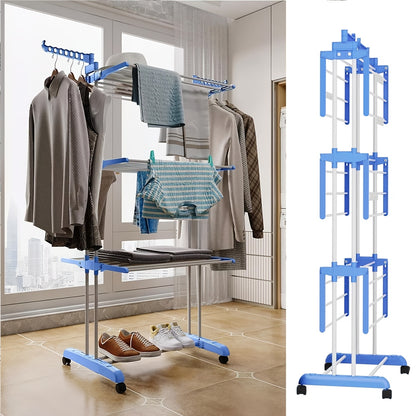 3-Tier Foldable Clothes Drying Rack with Wheels - Durable Metal & Plastic, Space-Saving Design for Indoor/Outdoor Use, Easy Assembly, Drying Racks