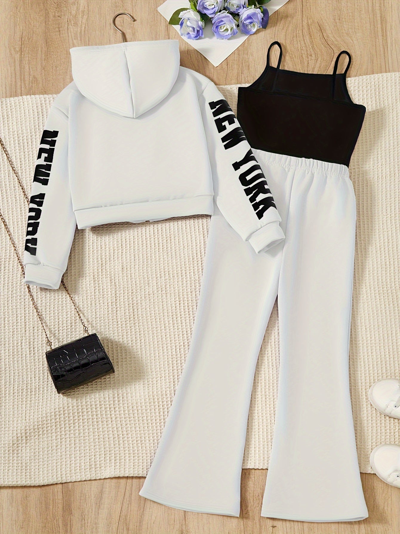 3-Piece Outdoor Sporty Girl's Long Sleeve Zip-up Hoodie + Flared Trousers With Camisole Set - Versatile Comfy For Spring/ Fall Casual Wear, Gift Idea