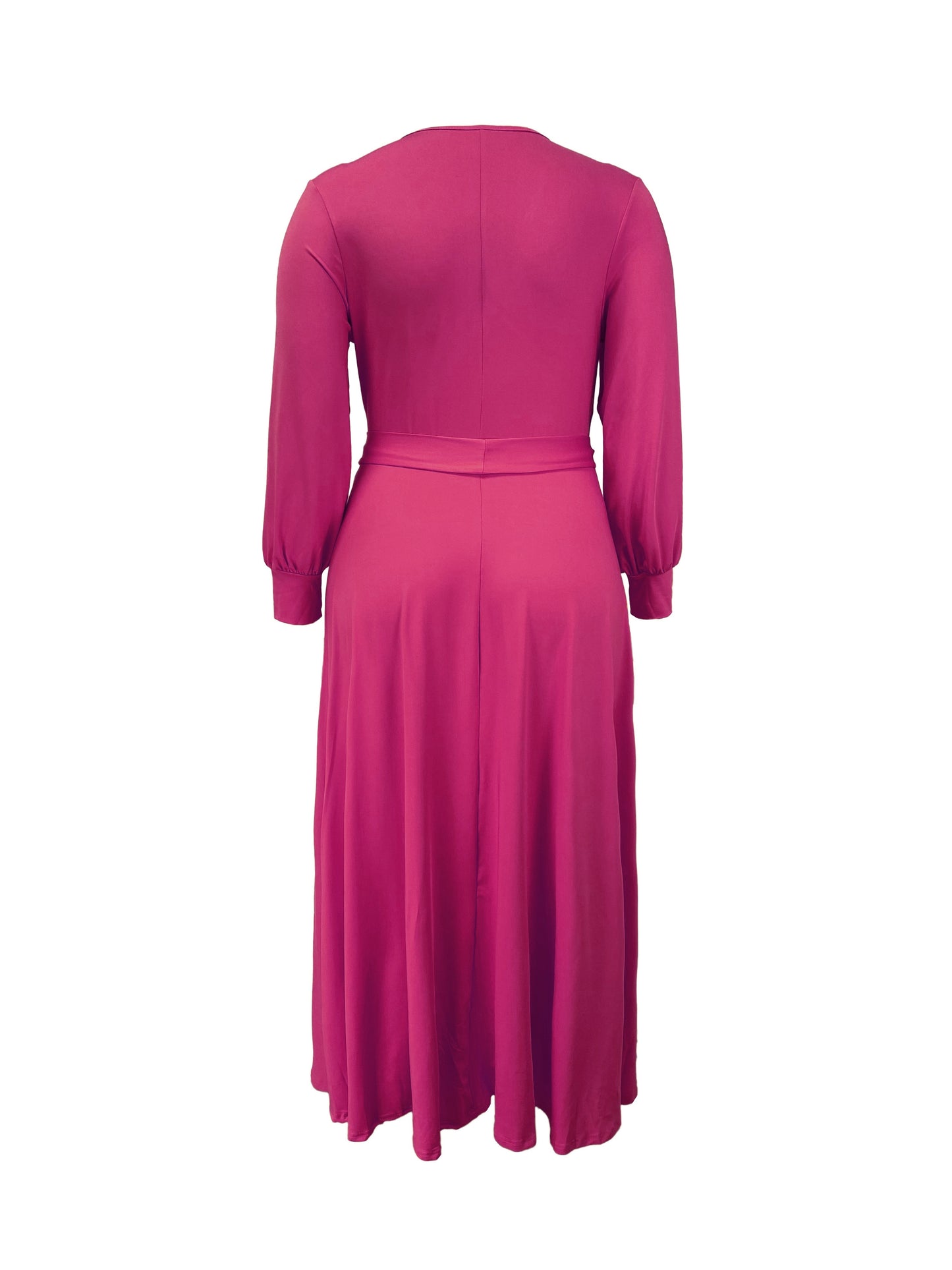 Plus Size Solid Color Tie Waist Dress, Elegant Long Sleeve Surplice Neck Maxi Dress For Spring & Fall, Women's Plus Size Clothing