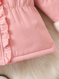 Chaqueta cálida de forro polar artificial con capucha para niños pequeños, abrigo exterior con bonitos volantes, ropa para niña para otoño e invierno.