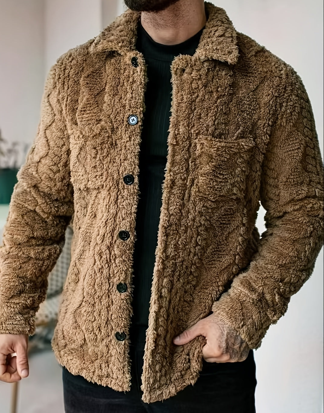 Men's Casual Solid Color Flannel Jacket - Cozy Polyester, Button-Up Outerwear with Pockets, Long Sleeves for Fall & Winter