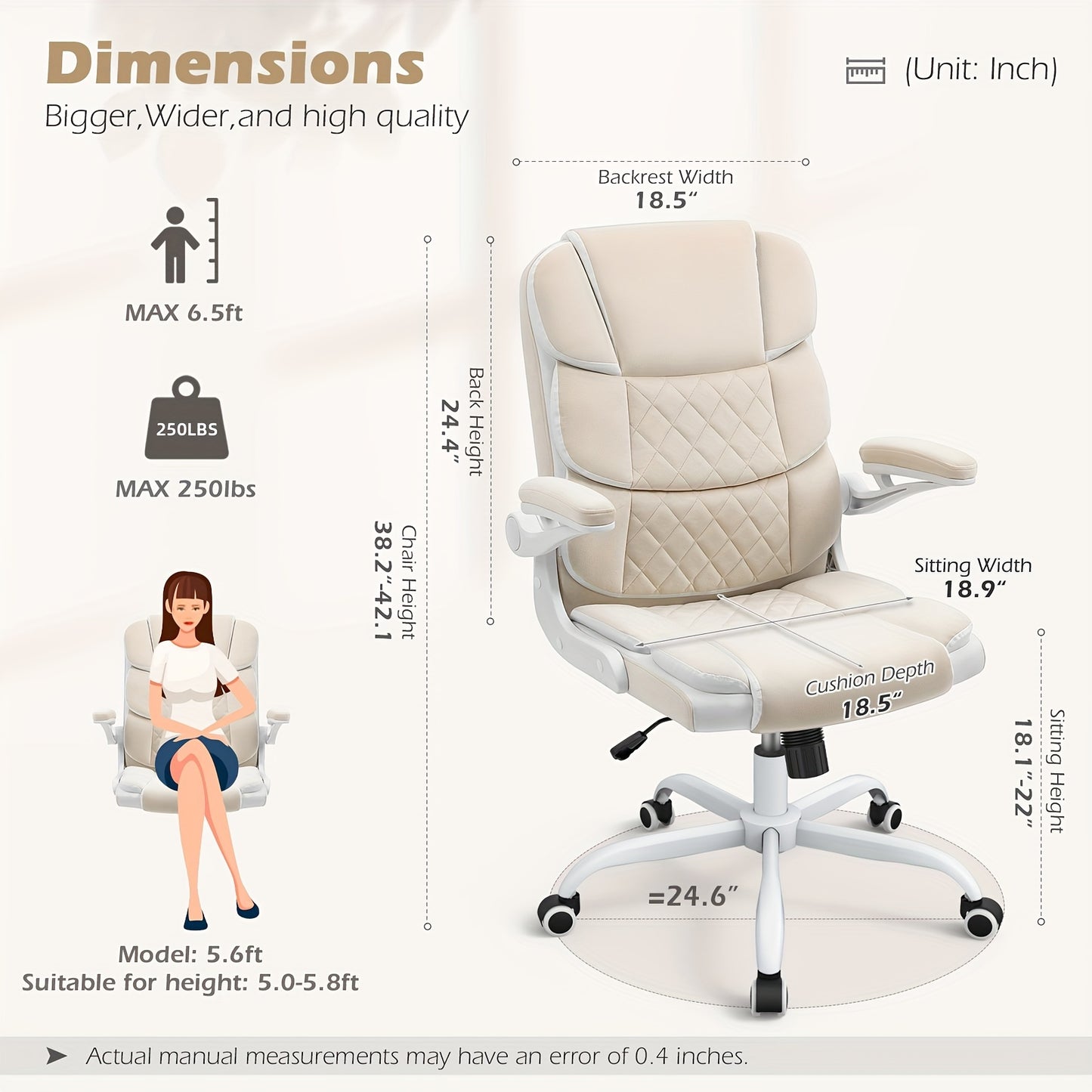 Ergonomic Beige Velvet Office Chair with Lumbar Support, Adjustable Armrests &amp; Swivel Base - Comfortable Executive Desk Chair for Home, Study, or Bedroom