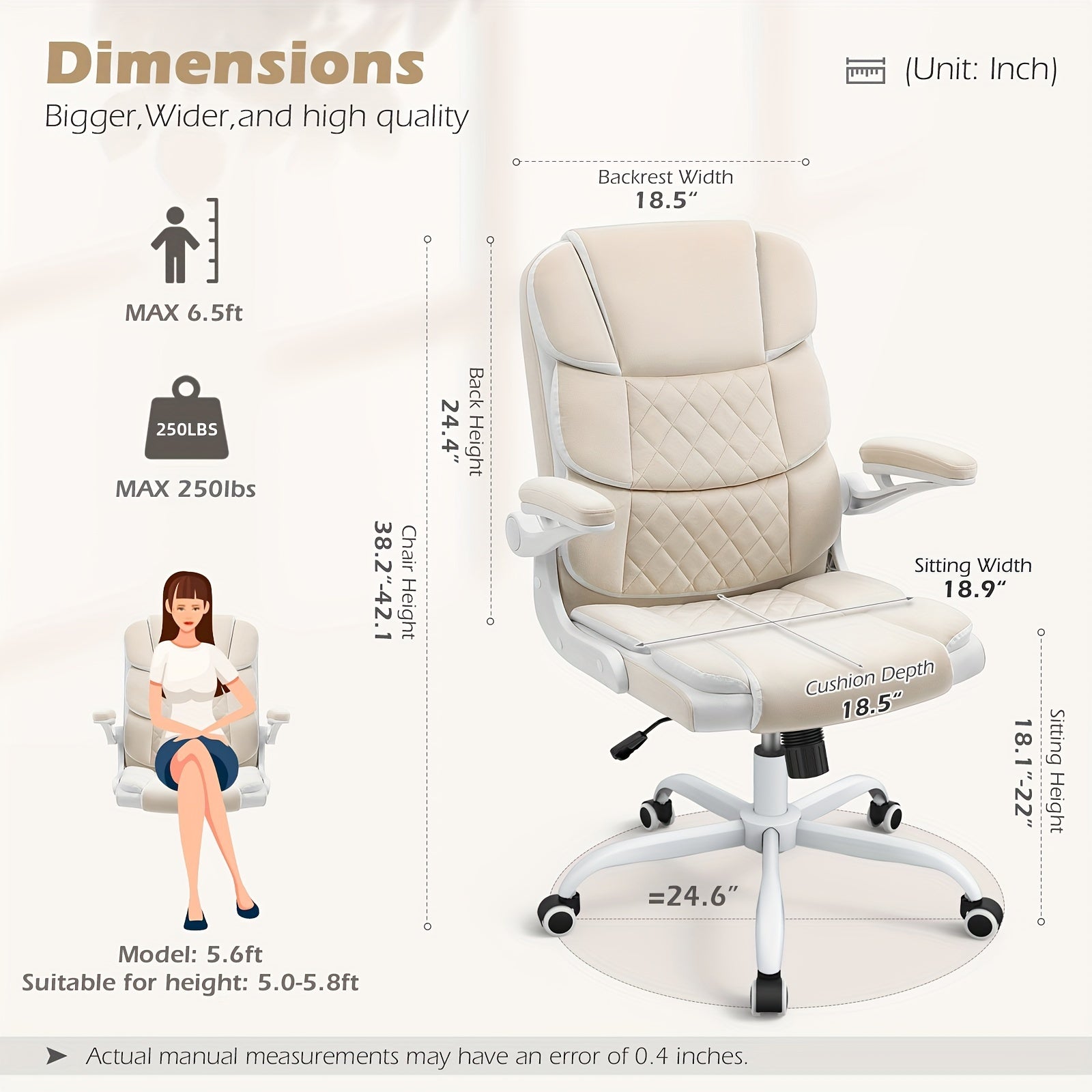 Ergonomic Beige Velvet Office Chair with Lumbar Support, Adjustable Armrests & Swivel Base - Comfortable Executive Desk Chair for Home, Study, or Bedroom