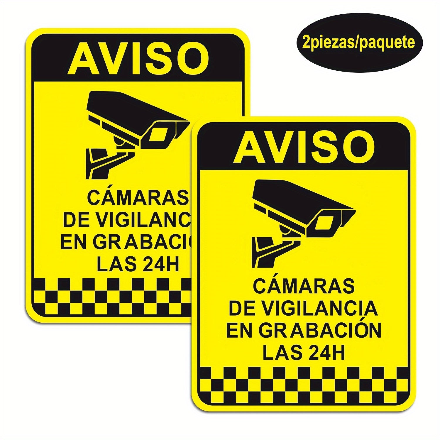 2-Pack Self-Adhesive Security Camera Sign Stickers in Spanish, 24-Hour Surveillance Warning Decals for Home and Public Places, PVC Material for Wood, Plastic, Glass, Metal, Ceramic, Glossy Rectangle Shaped, Single Use