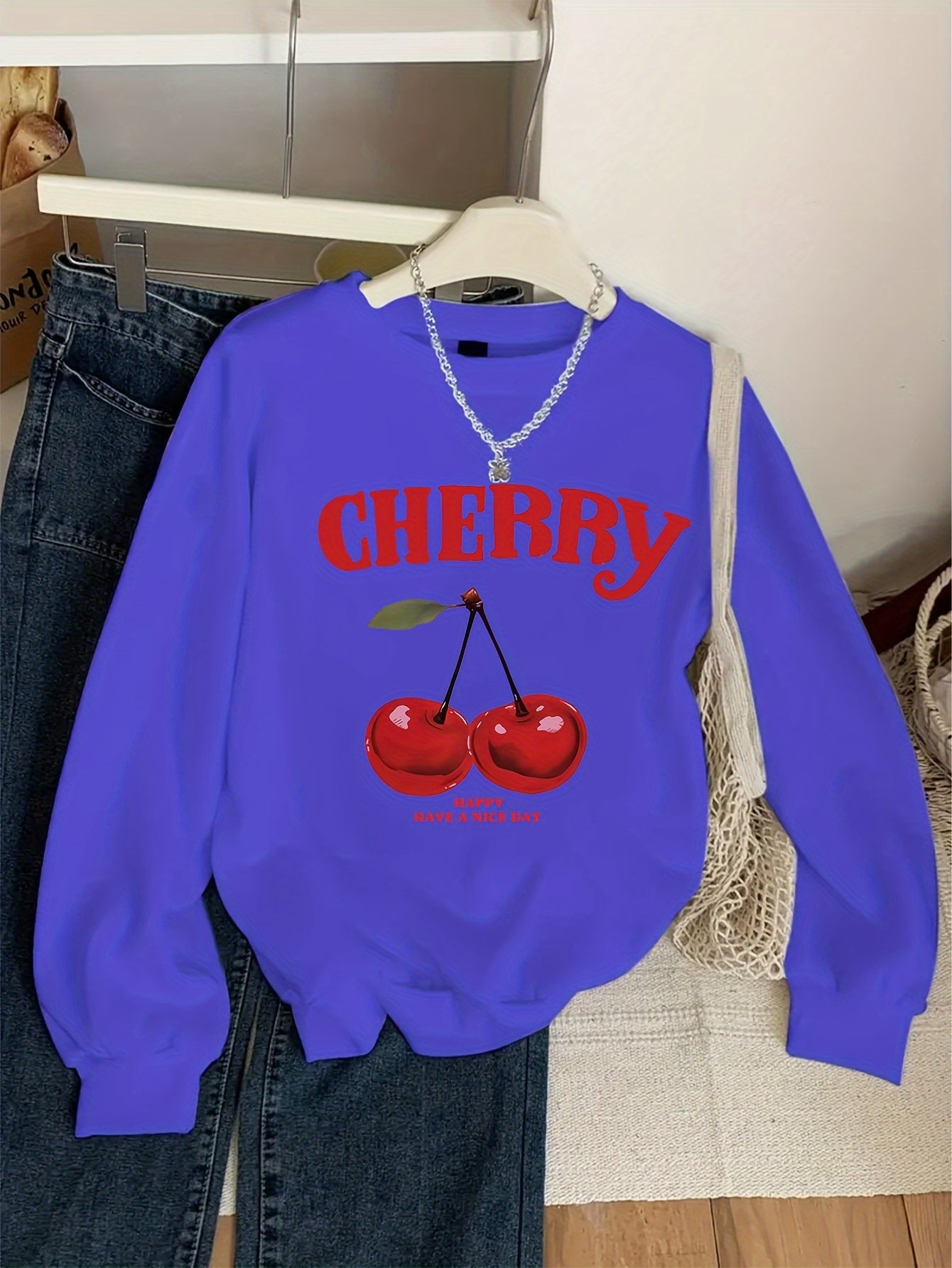 Girls' Vintage Cherry & Letter Print Casual Sweatshirt - Cozy Polyester, Round Neck, Long Sleeve for Fall/Winter