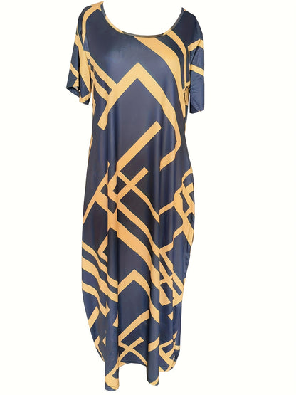 [1pc Plus Size Geometric Print Maxi Dress] 1pc Plus Size Geometric Print Maxi Dress, Stretchy Polyester Knit, Round Neck, Short Sleeve, Casual Loose Fit with Pockets, All-Season Versatile Style