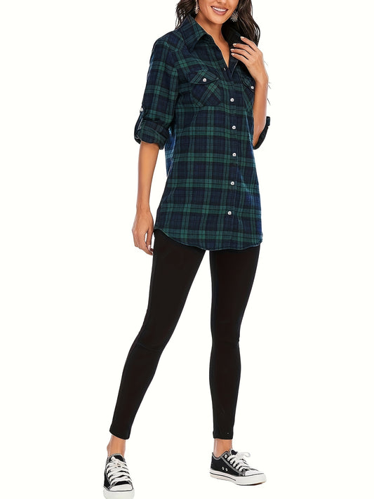 Plus Size Casual Top, Women's Plus Plaid Print Button Up Long Sleeve Turn Down Collar Blouse