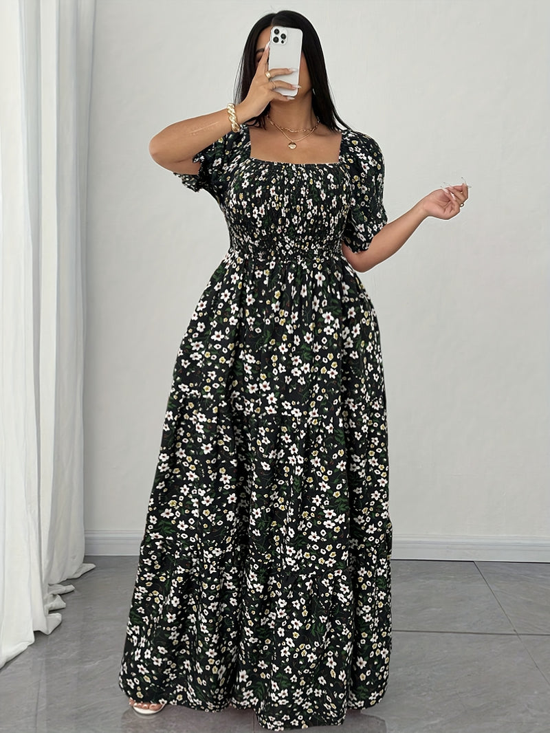 Women's Summer Square Neck Elastic Waist Floral Print Puff Sleeve A-Line Maxi Dress - Lightweight Breathable Machine Washable Plus Size Flowy Long Dress for Beach Vacation & Casual Outings, Beach Dresses