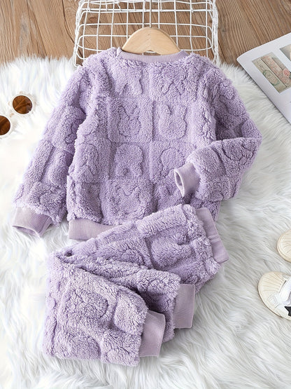 Casual Plush Animal Pattern Crew Neck Pullover Lash Set for - Cozy Warm Fall/Winter Long Sleeve and Pants Outfit, 100% Polyester Non-Stretch Knit Fabric for Weekend Casual Wear - Keep Away from Fire