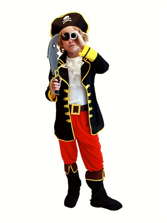 Conjunto de 6 piezas de ropa de pirata de dibujos animados para fiesta de carnaval de niño: camiseta, sombrero, pantalones, parche, chaleco y cinturón, ideal para Halloween.