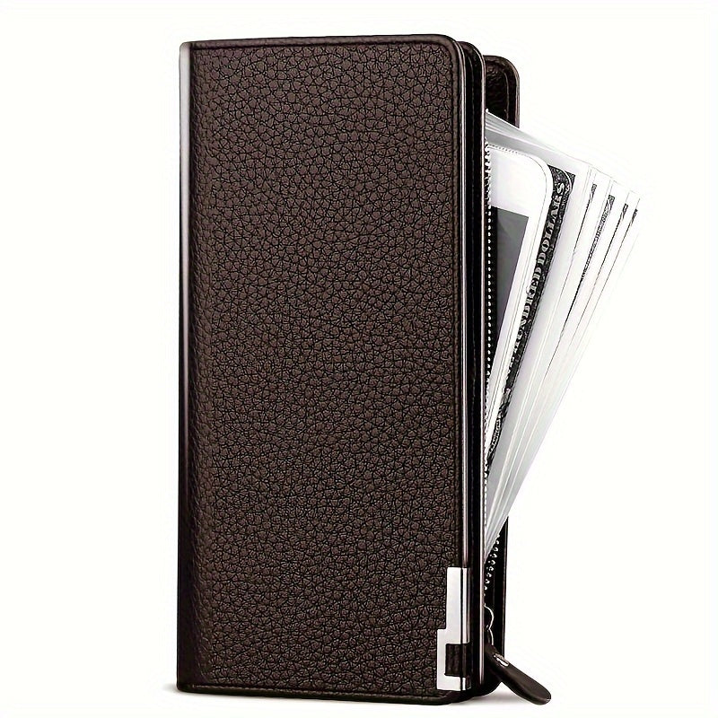 Elegant Black PU Leather Men's Wallet - Large Capacity Clutch with Zipper Closure, Color Block Design, Multiple Card Slots and Polyester Lining