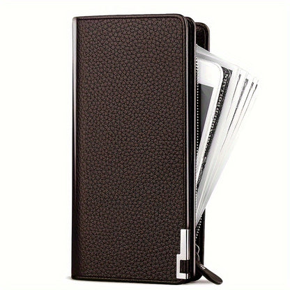 Elegante cartera para hombre de piel sintética negra: bolso de mano de gran capacidad con cierre de cremallera, diseño de bloques de color, múltiples ranuras para tarjetas y forro de poliéster