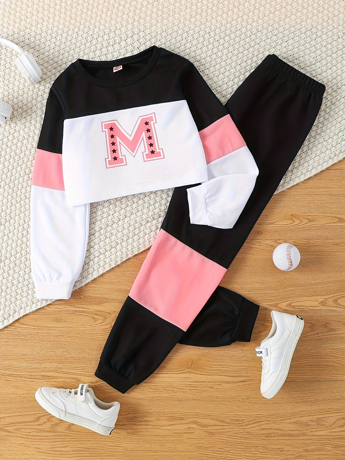 Youngsters's Spring and Autumn Style Letter Print Round Neck Short Long Sleeve Top and Color-Matching Spliced Long Pants Casual Two-Piece Set, Perfect for Outdoor