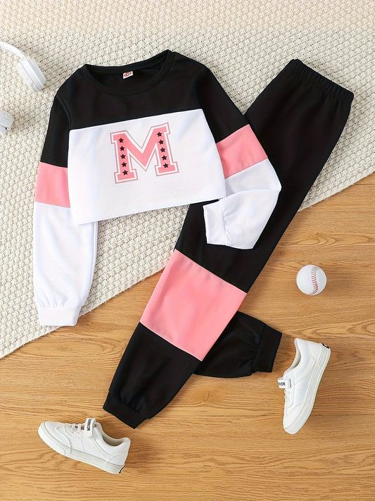 Youngsters's Spring and Autumn Style Letter Print Round Neck Short Long Sleeve Top and Color-Matching Spliced ​​Long Pants Casual Two-Piece Set, Perfect for Outdoor