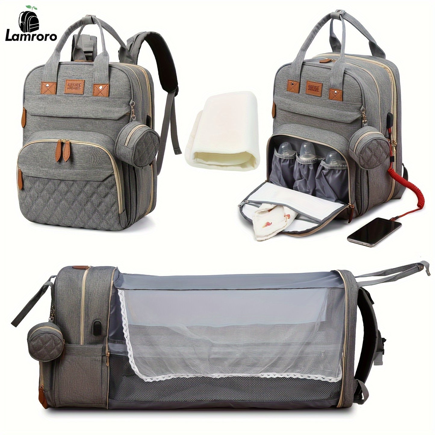 Mochila cambiadora Lamroro, cambiador con puerto de carga USB, multifuncional, gran capacidad y cambiador.