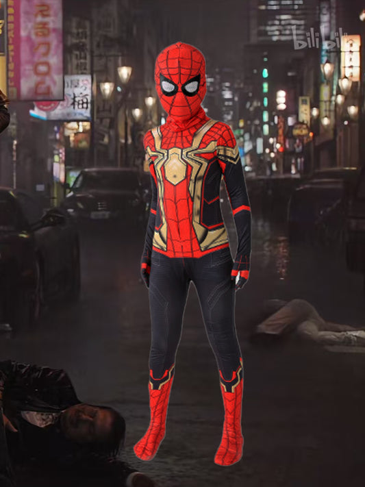 Disfraz de superhéroe inspirado en Spider-Boy: mono elástico con estampado geométrico de telaraña y cremallera trasera, perfecto para fiestas de Halloween y Navidad.